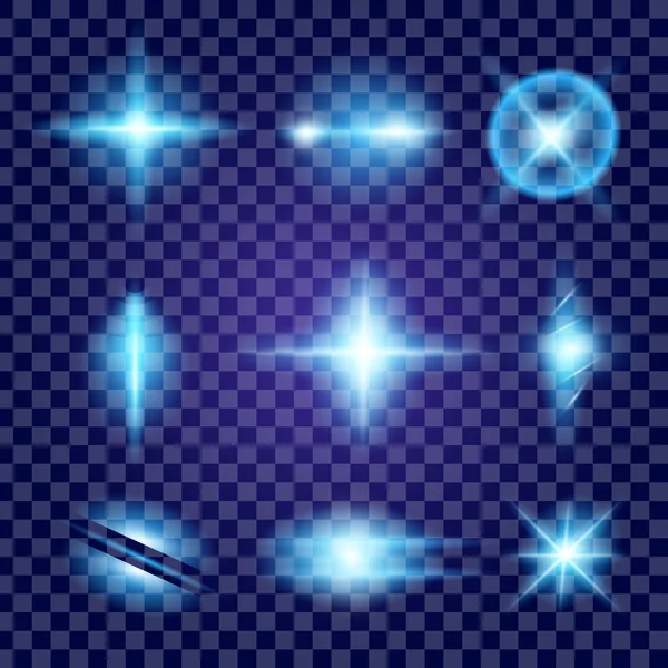 Concepto creativo Conjunto vectorial de estrellas con efecto de luz brillante estalla con destellos aislados sobre fondo negro. Para el diseño de arte de la plantilla de ilustración, banner para celebrar la Navidad, rayo mágico de energía flash — Vector de stock