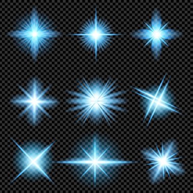 Parlak ışık efektlerinden oluşan yaratıcı bir konsept vektör kümesi siyah arka planda izole edilmiş kıvılcımlarla parlar. Resim tasarımı için, Noel kutlaması için pankart, sihirli ışık ışını