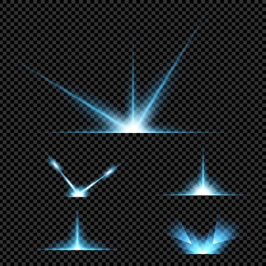 Parlak ışık efektlerinden oluşan yaratıcı bir konsept vektör kümesi siyah arka planda izole edilmiş kıvılcımlarla parlar. Resim tasarımı için, Noel kutlaması için pankart, sihirli ışık ışını