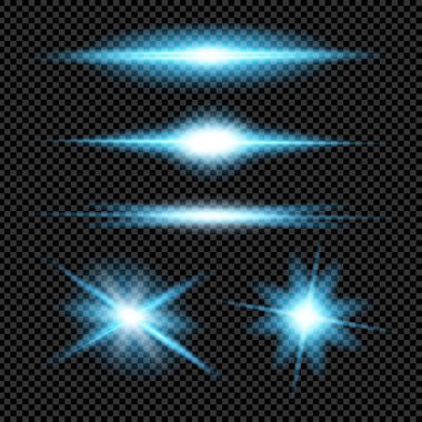 Parlak ışık efektlerinden oluşan yaratıcı bir konsept vektör kümesi siyah arka planda izole edilmiş kıvılcımlarla parlar. Resim tasarımı için, Noel kutlaması için pankart, sihirli ışık ışını