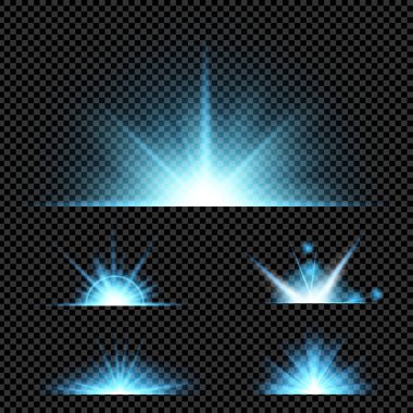 Parlak ışık efektlerinden oluşan yaratıcı bir konsept vektör kümesi siyah arka planda izole edilmiş kıvılcımlarla parlar. Resim tasarımı için, Noel kutlaması için pankart, sihirli ışık ışını