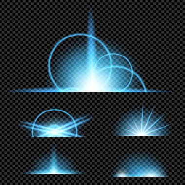 Parlak ışık efektlerinden oluşan yaratıcı bir konsept vektör kümesi siyah arka planda izole edilmiş kıvılcımlarla parlar. Resim tasarımı için, Noel kutlaması için pankart, sihirli ışık ışını