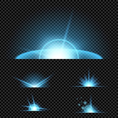 Parlak ışık efektlerinden oluşan yaratıcı bir konsept vektör kümesi siyah arka planda izole edilmiş kıvılcımlarla parlar. Resim tasarımı için, Noel kutlaması için pankart, sihirli ışık ışını