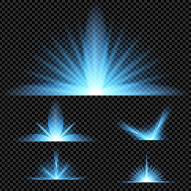 Parlak ışık efektlerinden oluşan yaratıcı bir konsept vektör kümesi siyah arka planda izole edilmiş kıvılcımlarla parlar. Resim tasarımı için, Noel kutlaması için pankart, sihirli ışık ışını