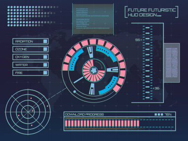 Soyut gelecek, konsept vektör fütüristik mavi sanal grafik dokunmatik arayüzü HUD. Web, site, mobil uygulamalar için siyah arkaplan, tekno, çevrimiçi tasarım, iş, gui, ui.