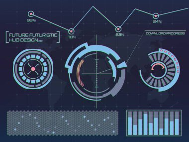 Soyut gelecek, konsept vektör fütüristik mavi sanal grafik dokunmatik arayüzü HUD. Web, site, mobil uygulamalar için siyah arkaplan, tekno, çevrimiçi tasarım, iş, gui, ui.