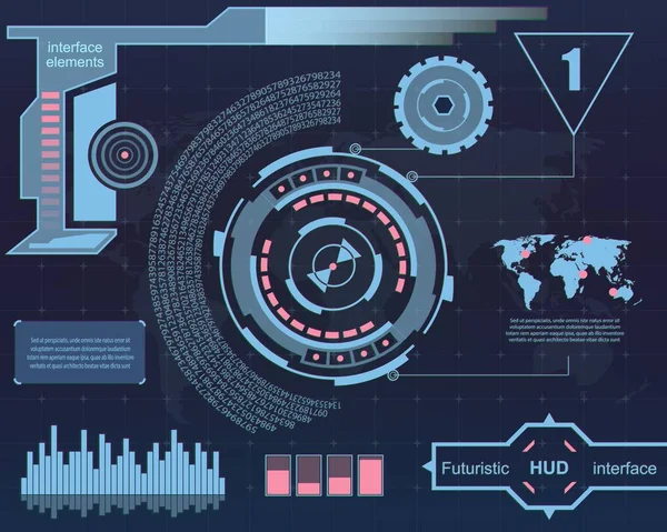 Futuro abstracto, concepto vector futurista azul interfaz gráfica virtual táctil HUD. Para web, sitio, aplicaciones móviles aisladas sobre fondo negro, techno, diseño en línea, negocio, gui, ui. — Vector de stock