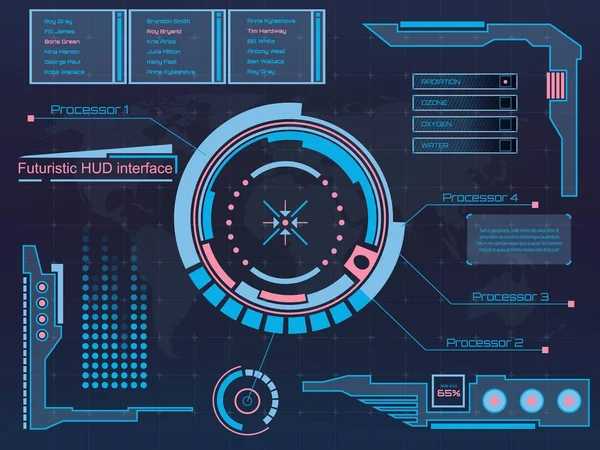 Futuro abstracto, concepto vector futurista azul interfaz gráfica virtual táctil HUD. Para web, sitio, aplicaciones móviles aisladas sobre fondo negro, techno, diseño en línea, negocio, gui, ui. — Vector de stock