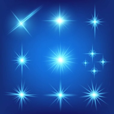 Parlak ışık efektlerinden oluşan yaratıcı bir konsept vektör kümesi siyah arka planda izole edilmiş kıvılcımlarla parlar. Resim tasarımı için, Noel kutlaması için pankart, sihirli ışık ışını