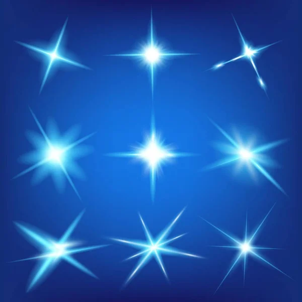 Conceito criativo Conjunto vetorial de estrelas de efeito de luz brilhante explode com faíscas isoladas em fundo preto. Para ilustração modelo arte design, banner para o Natal comemorar, raio de energia flash mágico — Vetor de Stock