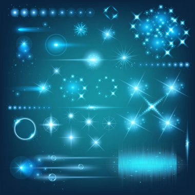 Parlak ışık efektlerinden oluşan yaratıcı bir konsept vektör kümesi siyah arka planda izole edilmiş kıvılcımlarla parlar. Resim tasarımı için, Noel kutlaması için pankart, sihirli ışık ışını