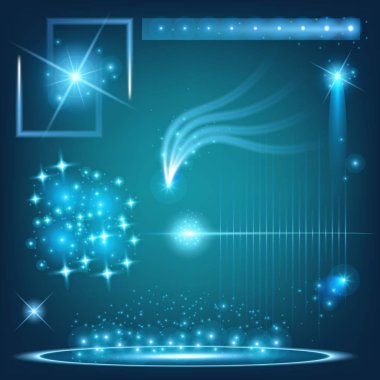 Parlak ışık efektlerinden oluşan yaratıcı bir konsept vektör kümesi siyah arka planda izole edilmiş kıvılcımlarla parlar. Resim tasarımı için, Noel kutlaması için pankart, sihirli ışık ışını