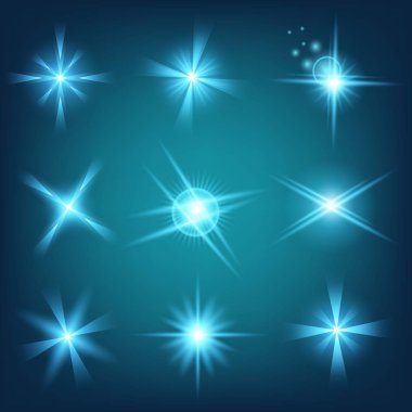 Parlak ışık efektlerinden oluşan yaratıcı bir konsept vektör kümesi siyah arka planda izole edilmiş kıvılcımlarla parlar. Resim tasarımı için, Noel kutlaması için pankart, sihirli ışık ışını