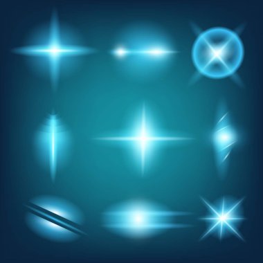 Parlak ışık efektlerinden oluşan yaratıcı bir konsept vektör kümesi siyah arka planda izole edilmiş kıvılcımlarla parlar. Resim tasarımı için, Noel kutlaması için pankart, sihirli ışık ışını