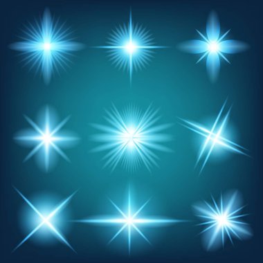 Parlak ışık efektlerinden oluşan yaratıcı bir konsept vektör kümesi siyah arka planda izole edilmiş kıvılcımlarla parlar. Resim tasarımı için, Noel kutlaması için pankart, sihirli ışık ışını