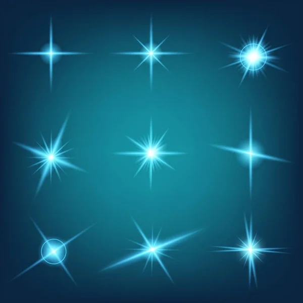 Conceito criativo Conjunto vetorial de estrelas de efeito de luz brilhante explode com faíscas isoladas em fundo preto. Para ilustração modelo arte design, banner para o Natal comemorar, raio de energia flash mágico — Vetor de Stock