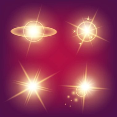 Parlak ışık efektlerinden oluşan yaratıcı bir konsept vektör kümesi siyah arka planda izole edilmiş kıvılcımlarla parlar. Resim tasarımı için, Noel kutlaması için pankart, sihirli ışık ışını