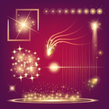 Parlak ışık efektlerinden oluşan yaratıcı bir konsept vektör kümesi siyah arka planda izole edilmiş kıvılcımlarla parlar. Resim tasarımı için, Noel kutlaması için pankart, sihirli ışık ışını