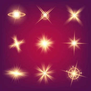 Parlak ışık efektlerinden oluşan yaratıcı bir konsept vektör kümesi siyah arka planda izole edilmiş kıvılcımlarla parlar. Resim tasarımı için, Noel kutlaması için pankart, sihirli ışık ışını