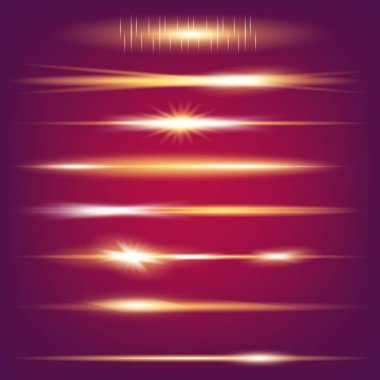 Parlak ışık efektlerinden oluşan yaratıcı bir konsept vektör kümesi siyah arka planda izole edilmiş kıvılcımlarla parlar. Resim tasarımı için, Noel kutlaması için pankart, sihirli ışık ışını