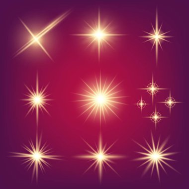 Parlak ışık efektlerinden oluşan yaratıcı bir konsept vektör kümesi siyah arka planda izole edilmiş kıvılcımlarla parlar. Resim tasarımı için, Noel kutlaması için pankart, sihirli ışık ışını