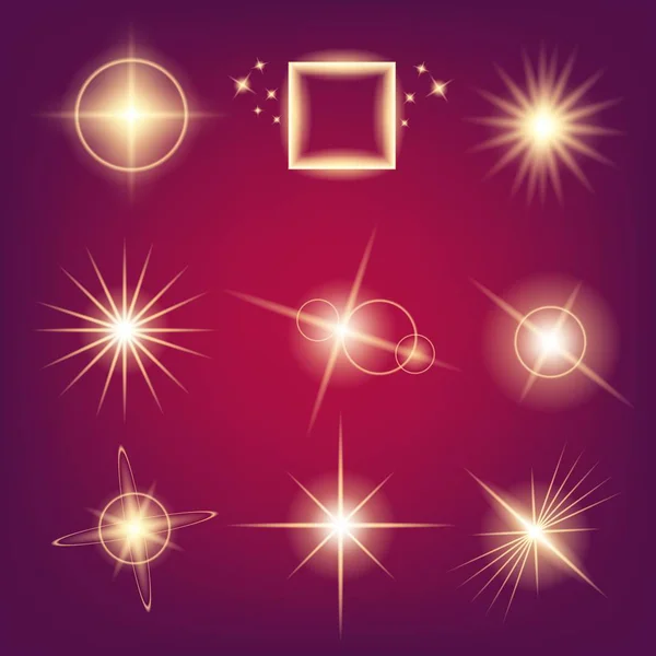 Творческая концепция Векторный набор светящихся световых эффектов звезд вспыхивает с выделенными на черном фоне блестками. Для иллюстрации искушайте арт-дизайн, баннер для празднования Рождества, волшебный луч вспышки энергии — стоковый вектор