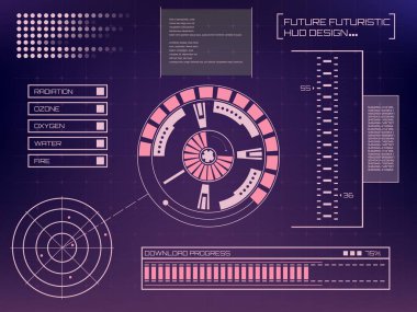 Soyut gelecek, konsept vektör fütüristik mavi sanal grafik dokunmatik arayüzü HUD. Web, site, mobil uygulamalar için siyah arkaplan, tekno, çevrimiçi tasarım, iş, gui, ui.