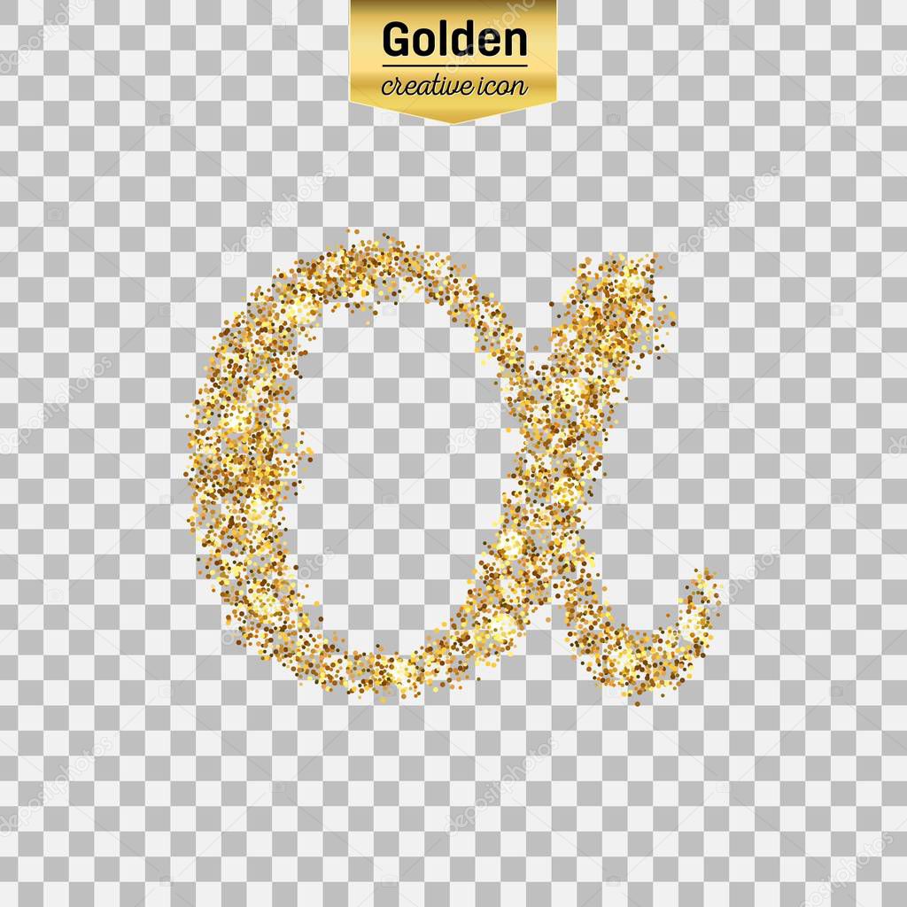 Gold glitter vector icon of alpha isolated on background. Art creative concept illustration for web, glow light confetti, bright sequins, sparkle tinsel, abstract bling, shimmer dust, foil.