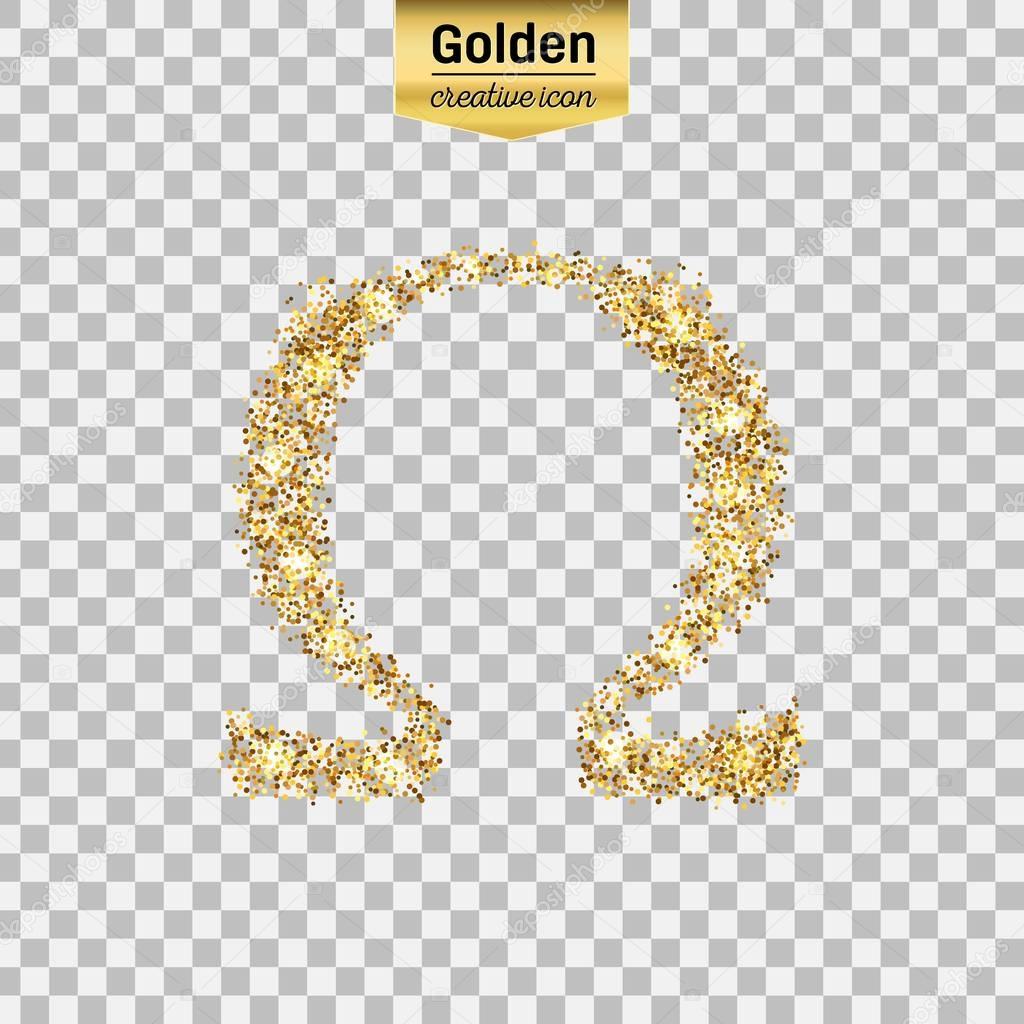 Gold glitter vector icon of omega isolated on background. Art creative concept illustration for web, glow light confetti, bright sequins, sparkle tinsel, abstract bling, shimmer dust, foil.