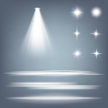 Parlak ışık efektlerinden oluşan yaratıcı bir konsept vektör kümesi siyah arka planda izole edilmiş kıvılcımlarla parlar. Resim tasarımı için, Noel kutlaması için pankart, sihirli ışık ışını