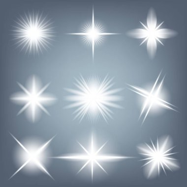 Parlak ışık efektlerinden oluşan yaratıcı bir konsept vektör kümesi siyah arka planda izole edilmiş kıvılcımlarla parlar. Resim tasarımı için, Noel kutlaması için pankart, sihirli ışık ışını