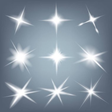 Parlak ışık efektlerinden oluşan yaratıcı bir konsept vektör kümesi siyah arka planda izole edilmiş kıvılcımlarla parlar. Resim tasarımı için, Noel kutlaması için pankart, sihirli ışık ışını