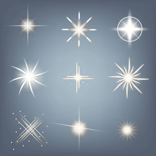 Conceito criativo Conjunto vetorial de estrelas de efeito de luz brilhante explode com faíscas isoladas em fundo preto. Para ilustração modelo arte design, banner para o Natal comemorar, raio de energia flash mágico —  Vetores de Stock