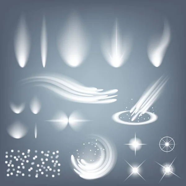 Творча концепція Векторний набір сяючих світлових ефектів зірки спалахи з блискітками ізольовані на чорному тлі. Для ілюстрації дизайну шаблону мистецтва, банер на Різдво святкувати, магічний промінь енергії спалаху — стоковий вектор