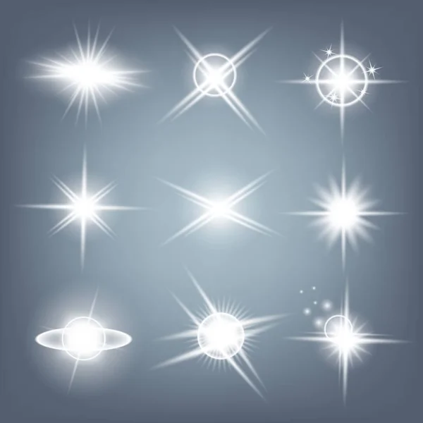 Concept créatif Ensemble vectoriel d'étoiles à effet de lumière brillante éclate avec des étincelles isolées sur fond noir. Pour la conception d'art de modèle d'illustration, bannière pour Noël célèbrent, rayon d'énergie flash magique — Image vectorielle