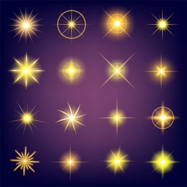 Parlak ışık efektlerinden oluşan yaratıcı bir konsept vektör kümesi siyah arka planda izole edilmiş kıvılcımlarla parlar. Resim tasarımı için, Noel kutlaması için pankart, sihirli ışık ışını