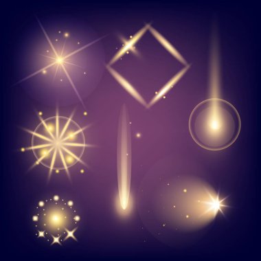 Parlak ışık efektlerinden oluşan yaratıcı bir konsept vektör kümesi siyah arka planda izole edilmiş kıvılcımlarla parlar. Resim tasarımı için, Noel kutlaması için pankart, sihirli ışık ışını