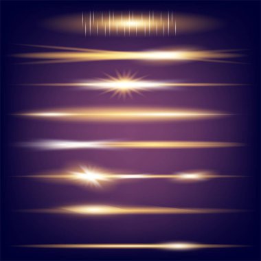 Parlak ışık efektlerinden oluşan yaratıcı bir konsept vektör kümesi siyah arka planda izole edilmiş kıvılcımlarla parlar. Resim tasarımı için, Noel kutlaması için pankart, sihirli ışık ışını