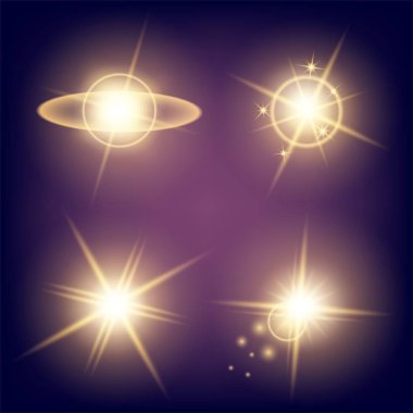 Parlak ışık efektlerinden oluşan yaratıcı bir konsept vektör kümesi siyah arka planda izole edilmiş kıvılcımlarla parlar. Resim tasarımı için, Noel kutlaması için pankart, sihirli ışık ışını