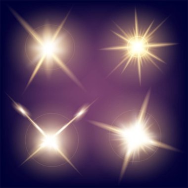 Parlak ışık efektlerinden oluşan yaratıcı bir konsept vektör kümesi siyah arka planda izole edilmiş kıvılcımlarla parlar. Resim tasarımı için, Noel kutlaması için pankart, sihirli ışık ışını