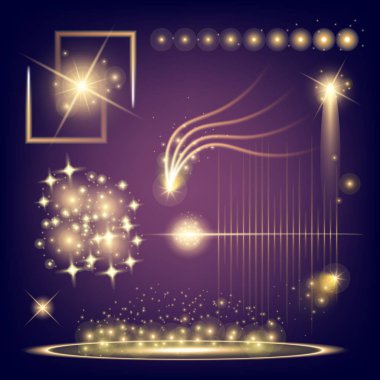 Parlak ışık efektlerinden oluşan yaratıcı bir konsept vektör kümesi siyah arka planda izole edilmiş kıvılcımlarla parlar. Resim tasarımı için, Noel kutlaması için pankart, sihirli ışık ışını