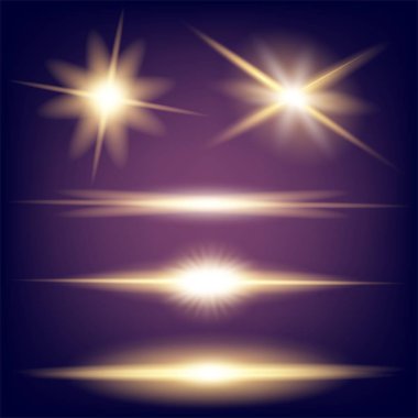 Parlak ışık efektlerinden oluşan yaratıcı bir konsept vektör kümesi siyah arka planda izole edilmiş kıvılcımlarla parlar. Resim tasarımı için, Noel kutlaması için pankart, sihirli ışık ışını