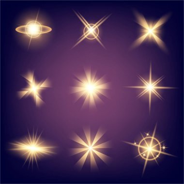 Parlak ışık efektlerinden oluşan yaratıcı bir konsept vektör kümesi siyah arka planda izole edilmiş kıvılcımlarla parlar. Resim tasarımı için, Noel kutlaması için pankart, sihirli ışık ışını