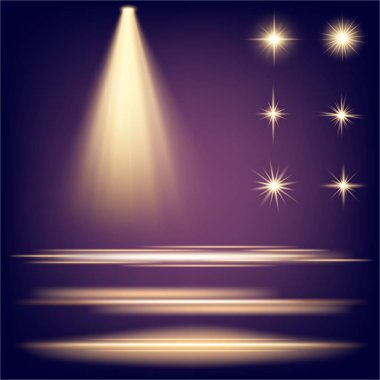 Parlak ışık efektlerinden oluşan yaratıcı bir konsept vektör kümesi siyah arka planda izole edilmiş kıvılcımlarla parlar. Resim tasarımı için, Noel kutlaması için pankart, sihirli ışık ışını