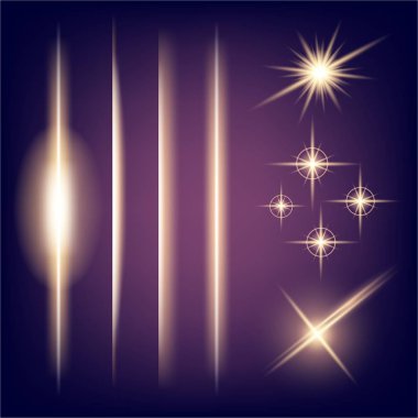 Parlak ışık efektlerinden oluşan yaratıcı bir konsept vektör kümesi siyah arka planda izole edilmiş kıvılcımlarla parlar. Resim tasarımı için, Noel kutlaması için pankart, sihirli ışık ışını