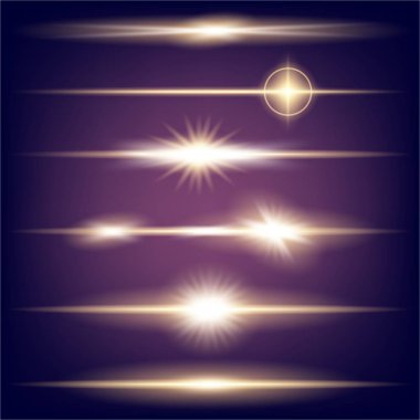 Parlak ışık efektlerinden oluşan yaratıcı bir konsept vektör kümesi siyah arka planda izole edilmiş kıvılcımlarla parlar. Resim tasarımı için, Noel kutlaması için pankart, sihirli ışık ışını