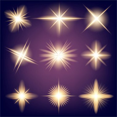 Parlak ışık efektlerinden oluşan yaratıcı bir konsept vektör kümesi siyah arka planda izole edilmiş kıvılcımlarla parlar. Resim tasarımı için, Noel kutlaması için pankart, sihirli ışık ışını