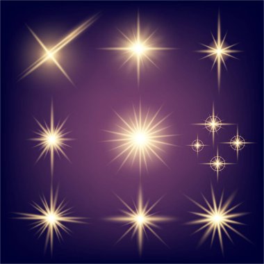 Parlak ışık efektlerinden oluşan yaratıcı bir konsept vektör kümesi siyah arka planda izole edilmiş kıvılcımlarla parlar. Resim tasarımı için, Noel kutlaması için pankart, sihirli ışık ışını