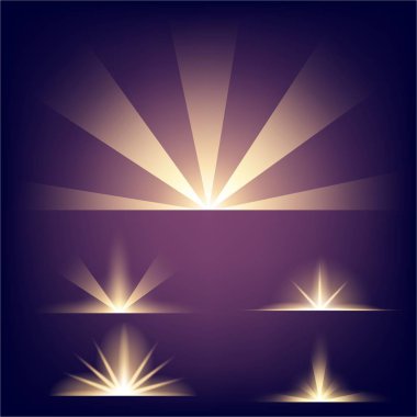 Parlak ışık efektlerinden oluşan yaratıcı bir konsept vektör kümesi siyah arka planda izole edilmiş kıvılcımlarla parlar. Resim tasarımı için, Noel kutlaması için pankart, sihirli ışık ışını