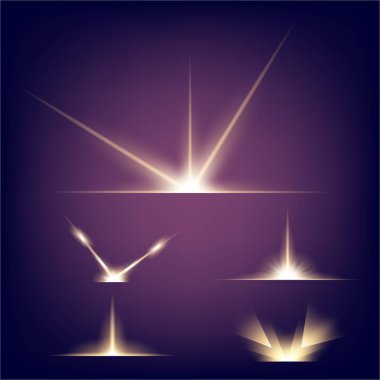 Parlak ışık efektlerinden oluşan yaratıcı bir konsept vektör kümesi siyah arka planda izole edilmiş kıvılcımlarla parlar. Resim tasarımı için, Noel kutlaması için pankart, sihirli ışık ışını